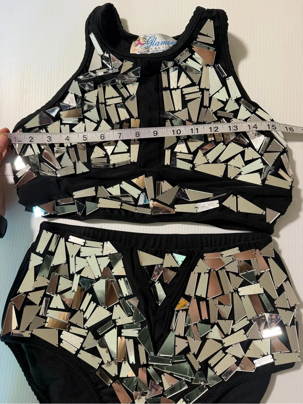 Glamour silver Mosaic Rhinestone 2 Piece Dance Costume Solo Jazz Contemporary LA